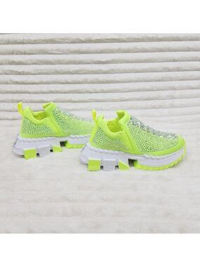 Presto Light Weight Slip on Neon Yellow Rhinestone Sneakers - Running Shoes J